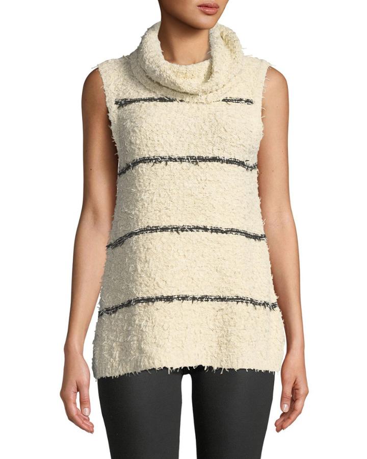 Sleeveless Fringe-yarn Turtleneck