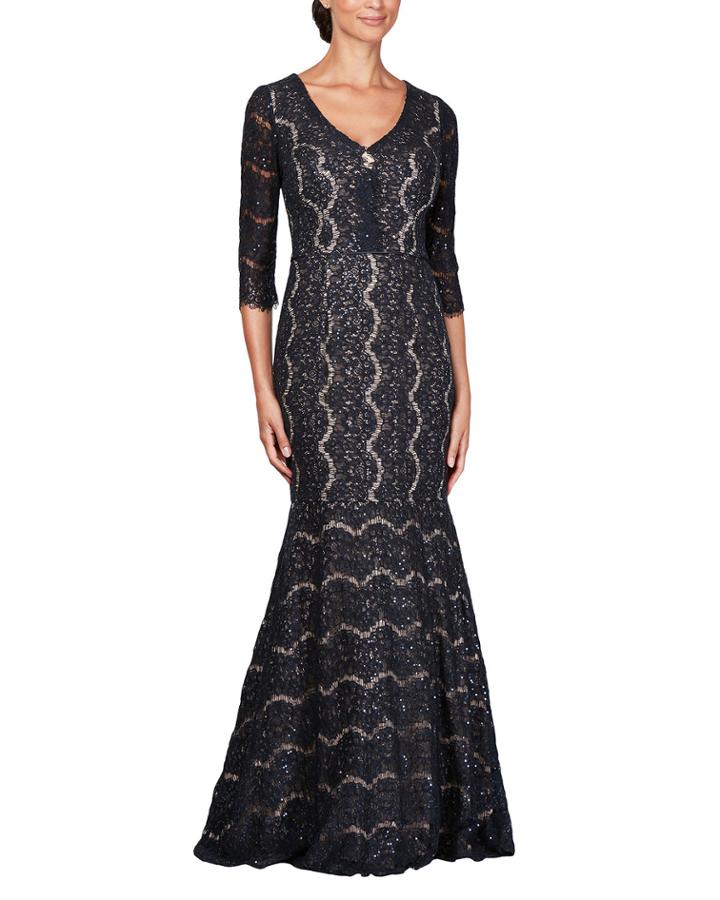 Sequined Lace V-neck 3/4-sleeve Trumpet Gown