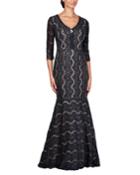 Sequined Lace V-neck 3/4-sleeve Trumpet Gown