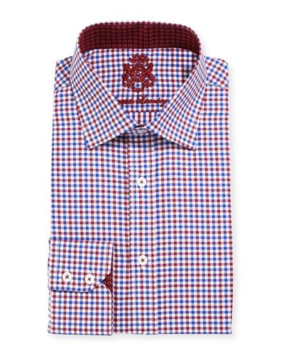 Gingham Cotton Dress Shirt, Red/blue
