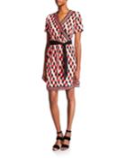 Short-sleeve Border Faux-wrap Dress