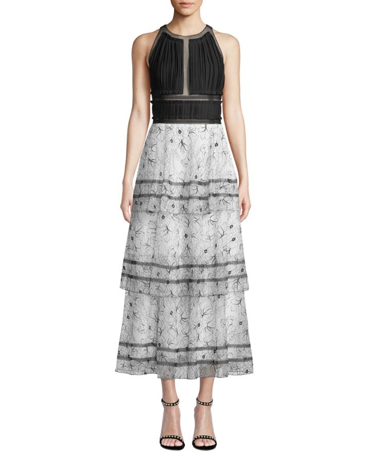 Ruched-panel Floral-lace Tiered Gown