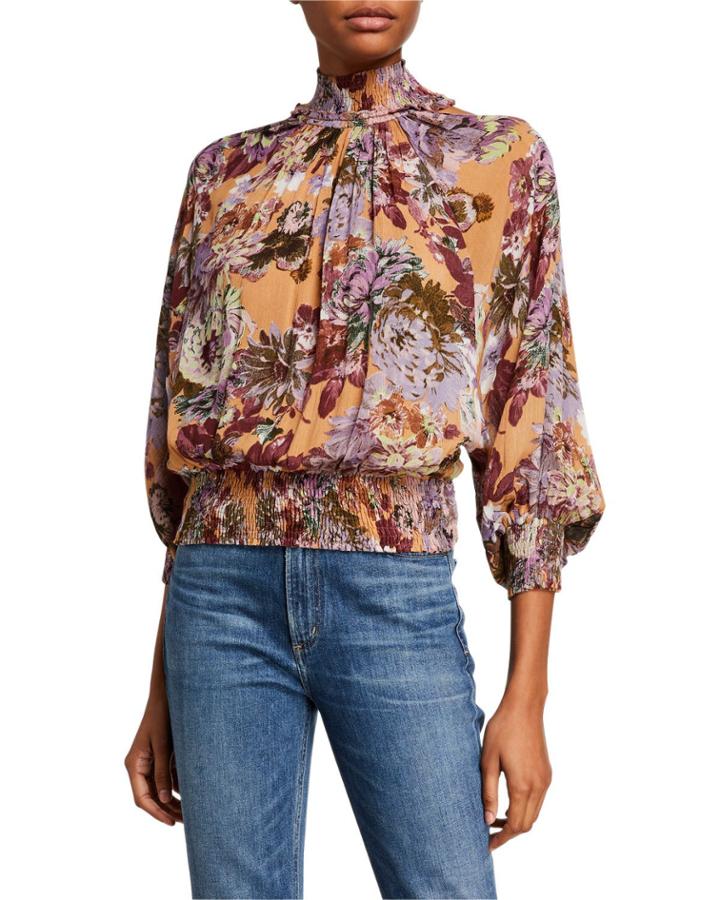 Dear Dahlia Floral Cold-shoulder Turtleneck Blouse