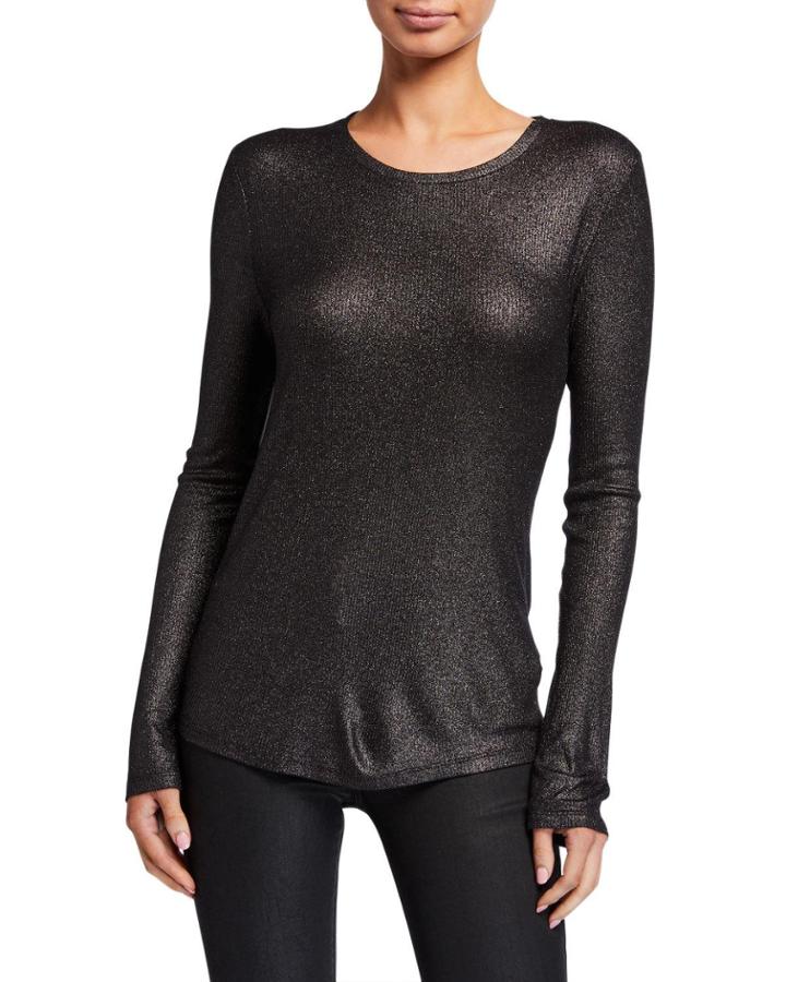 Metallic Ribbed Long-sleeve Crewneck Tee