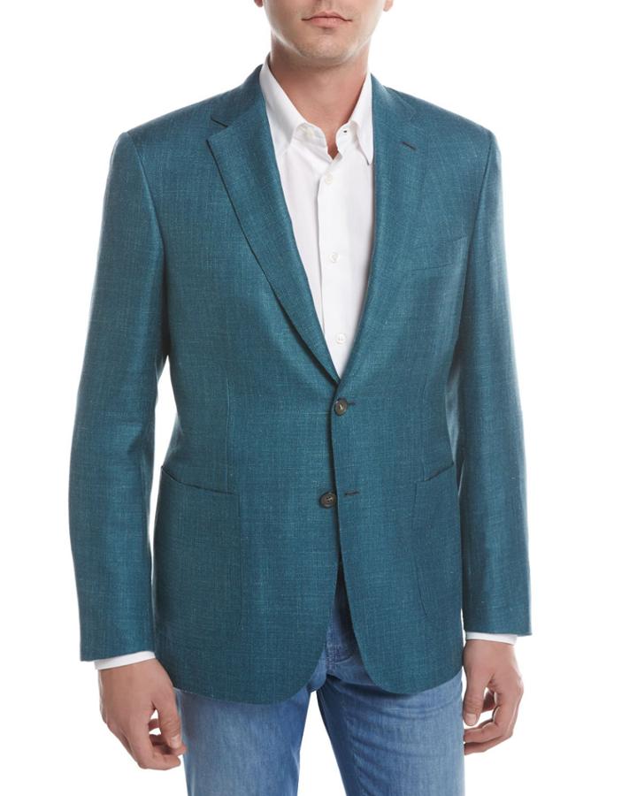 Solid Wool-silk-linen Two-button Blazer, Teal Green/blue