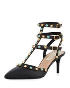 Rockstud Cabochon Leather Caged Pump, Black