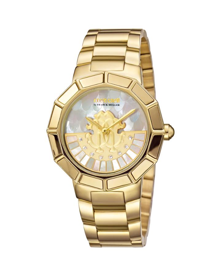 37mm Bracelet Watch W/ Rotating Diamond Dial, Gold/white