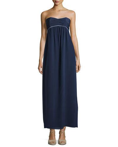 Strapless Pleated Empire-waist Maxi Dress, Navy