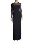 Mesh-yoke Long-sleeve Gown