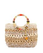 Fruit Charms Crochet Straw Tote Bag, Natural