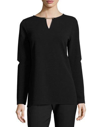 Cutout-sleeve Waffle-knit Top, Black