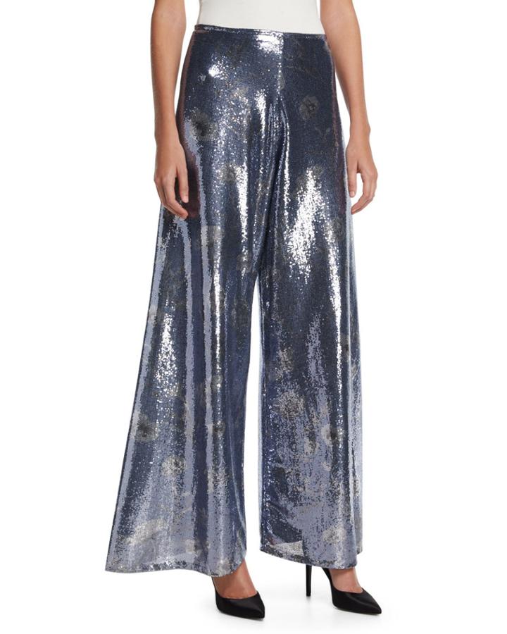 Floral Sequined Wide-leg Pants