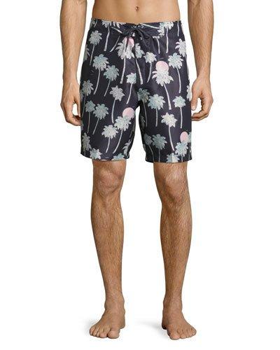 Zander Palm Tree-print Swim Trunks, Black