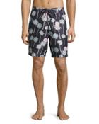 Zander Palm Tree-print Swim Trunks, Black
