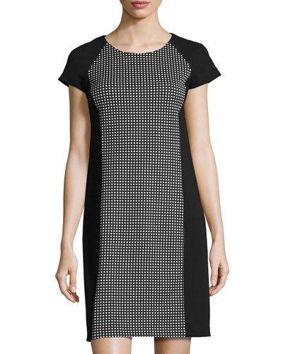 Cap-sleeve Print Ponté Dress, Black Pattern