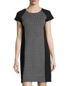 Cap-sleeve Print Pont&eacute; Dress, Black Pattern