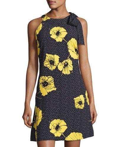 Floral-print Crepe Trapeze Dress, Blue/yellow