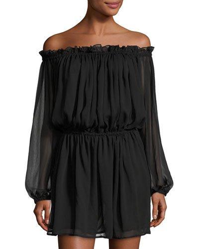 Mateo Long-sleeve Chiffon Dress, Black