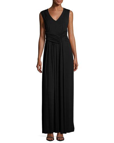 V-neck Draped Maxi Dress, Black