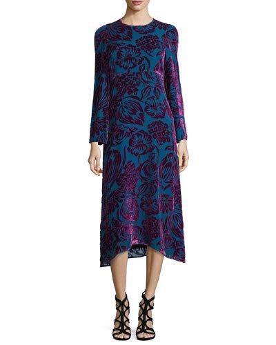 Long-sleeve Velvet Midi Dress, Purple/teal