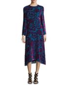 Long-sleeve Velvet Midi Dress, Purple/teal