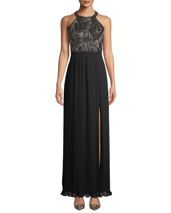 Beaded & Chiffon Pleated Halter Gown