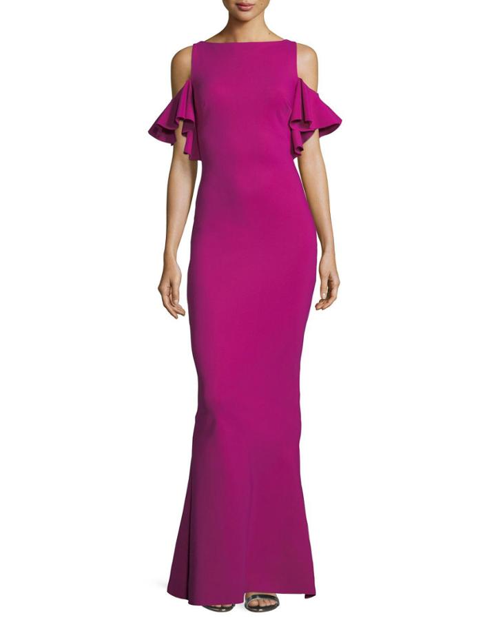 Tata Long Cold-shoulder Ruffle-sleeve Gown