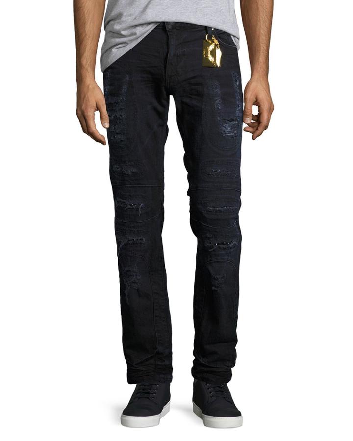 Distressed Moto Skinny Jeans, Black-blue