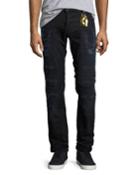 Distressed Moto Skinny Jeans, Black-blue