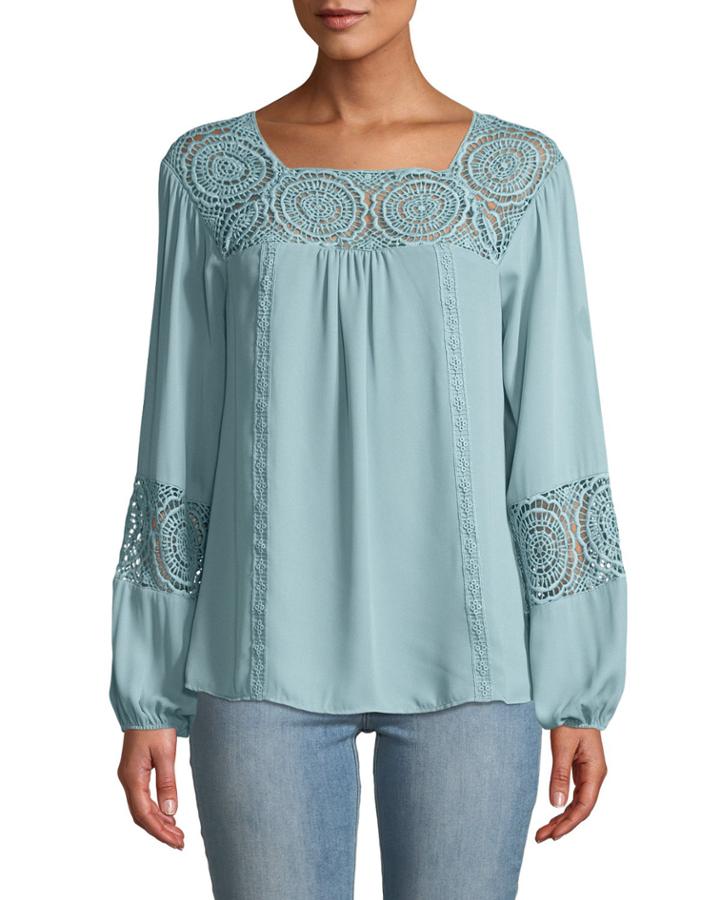 Long-sleeve Lace-trim Peasant Blouse