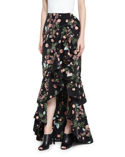 Justina Floral Ruffled Maxi Skirt, Black/pink/green