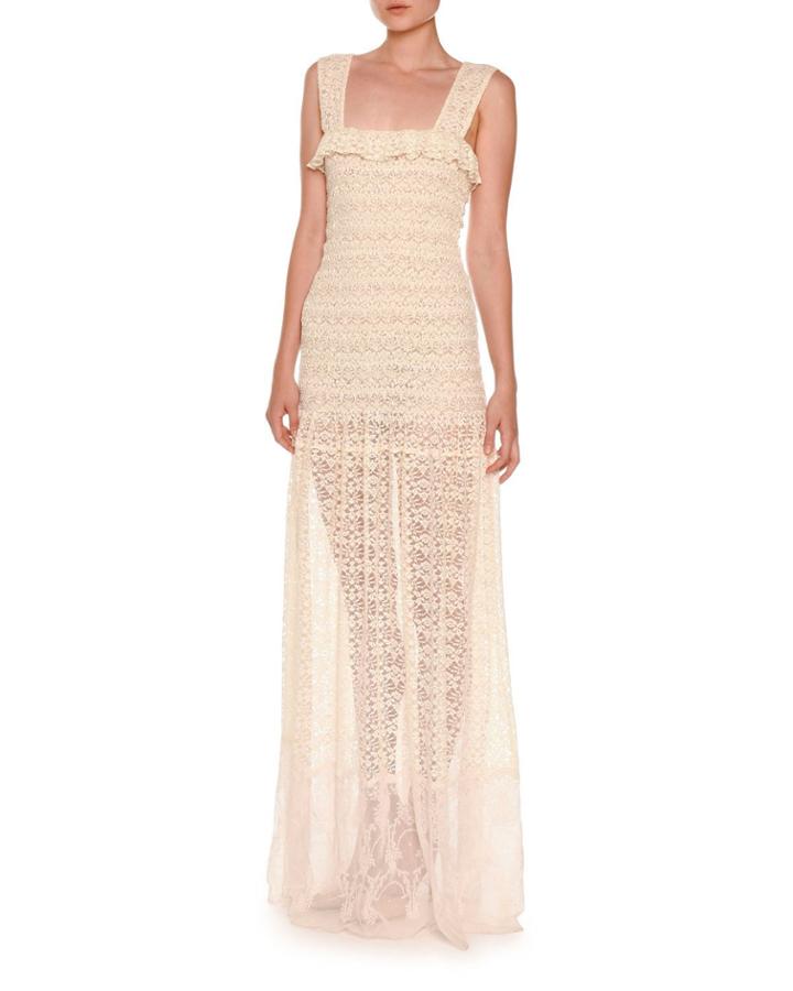 Sleeveless Smocked Lace Gown, Natural