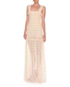 Sleeveless Smocked Lace Gown, Natural