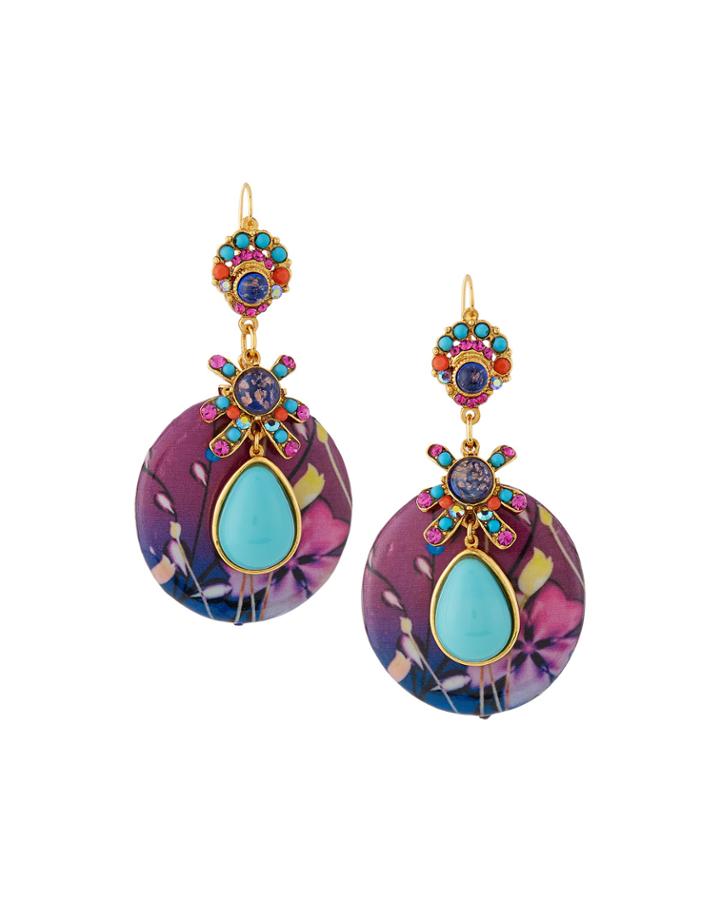 Floral-print Decoupage Earrings, Fuchsia/turquoise