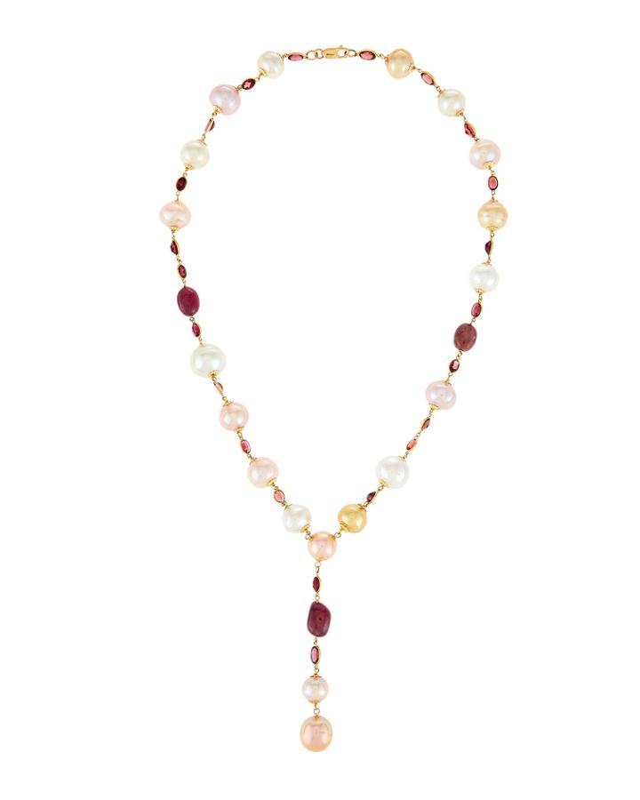 18k Mixed Two-tone Y-drop Necklace W/ Garnet And Rhodolite