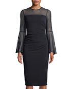 Flounce-sleeve Ruched Sheath Dress W/