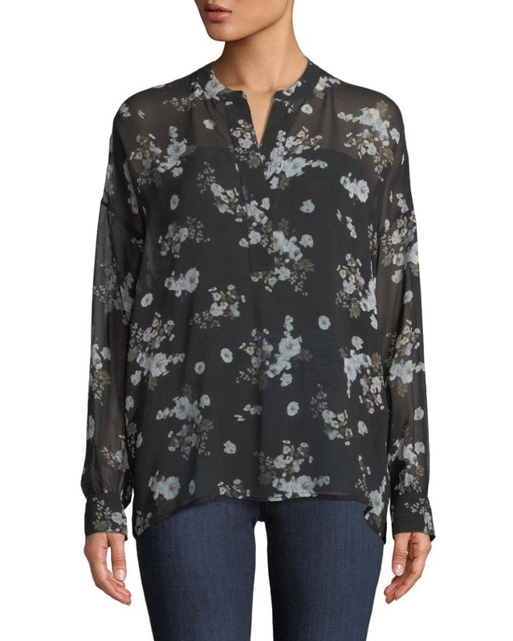 Tossed Floral-print Shirred Sheer