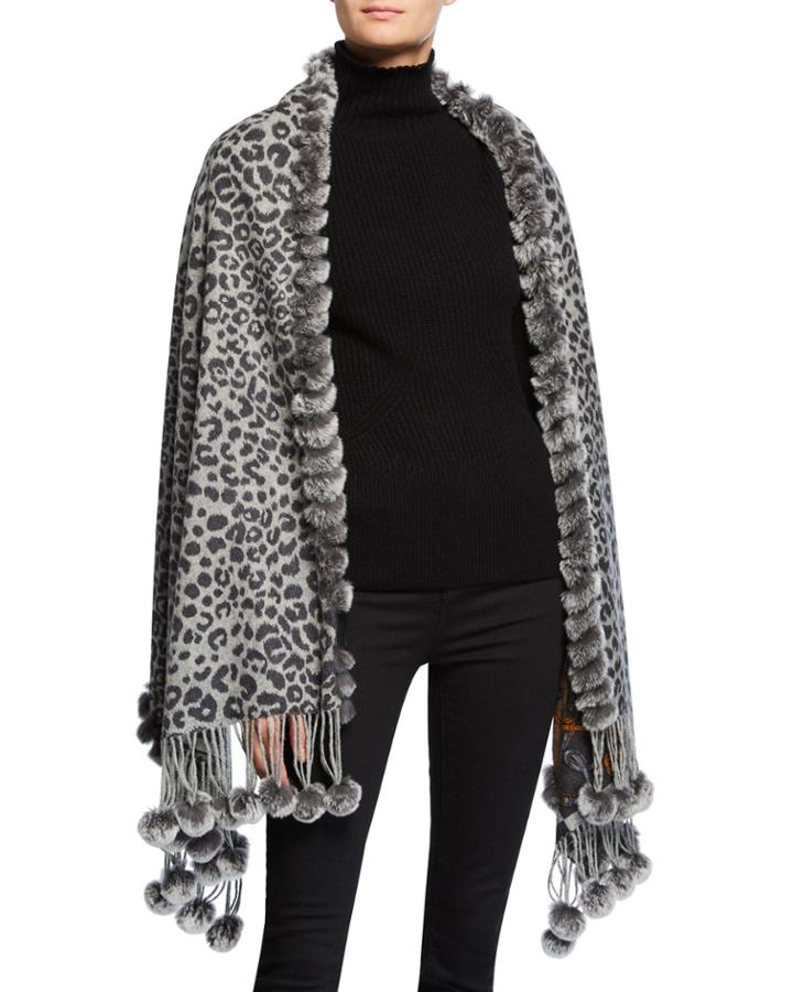 Double-face Wool Stole W/ Rex Rabbit Fur Pompoms, Gray