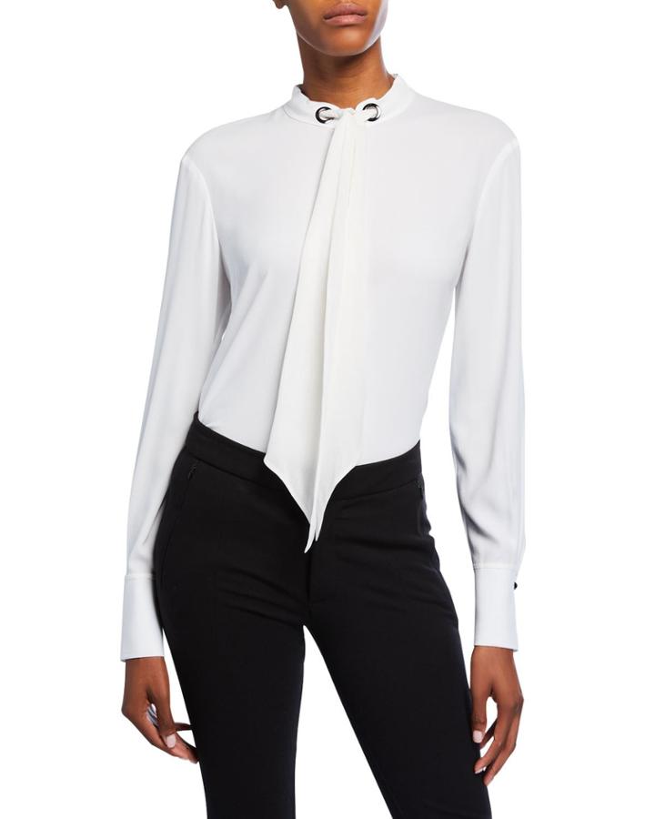 Grommet Neck-tie Long-sleeve Blouse
