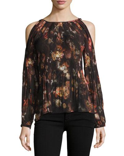 Pleated Cold-shoulder Printed Top, Brown