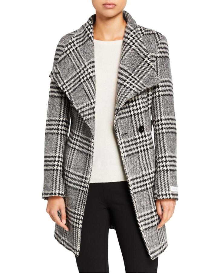 Houndstooth Belted Wool-blend Coat
