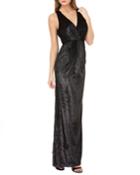 Sleeveless V-neck Shiny Velvet Column Gown W/ Twist Detail