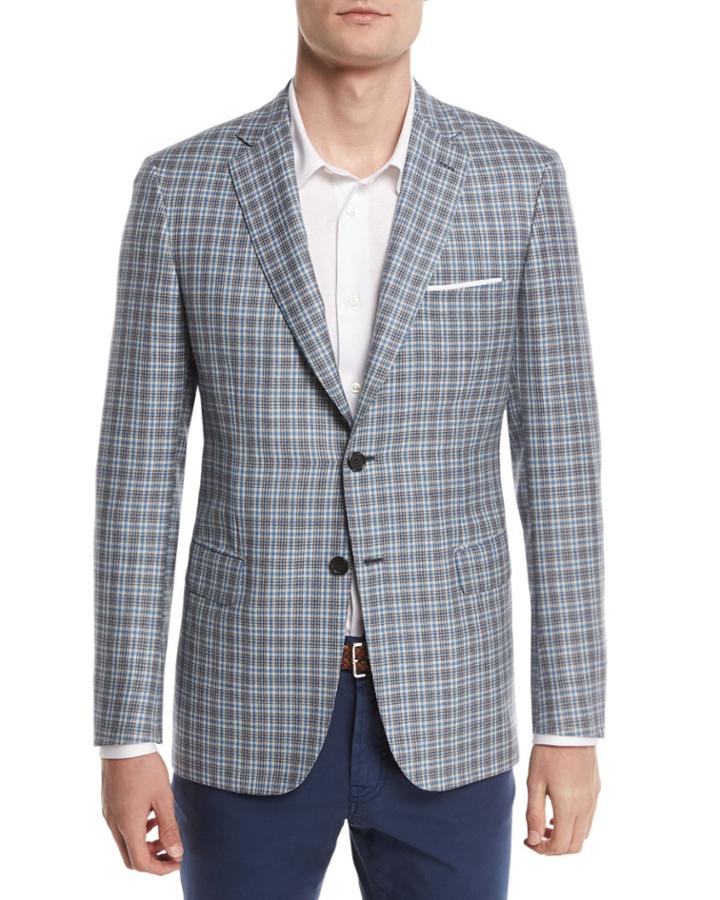 Check Plaid Two-button Sport Coat, Light Gray/blue