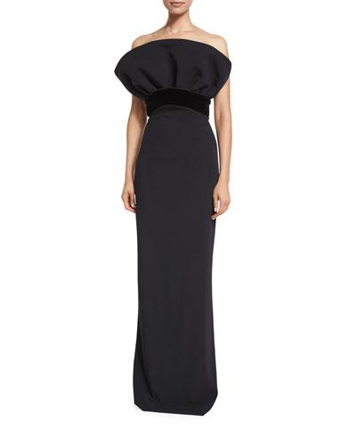 Ruffled Strapless Column Gown, Black