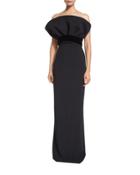 Ruffled Strapless Column Gown, Black