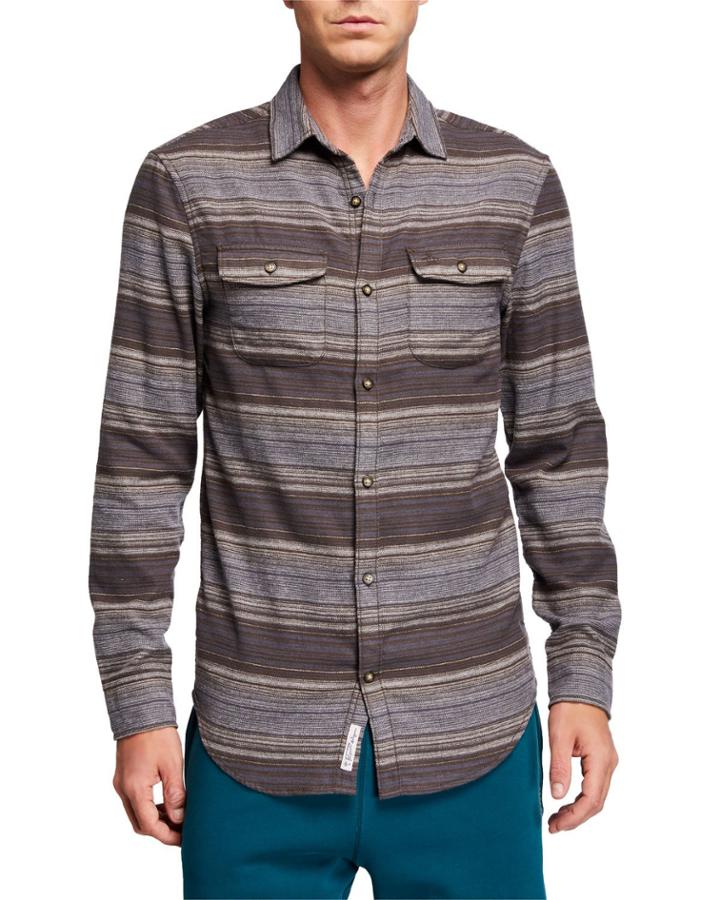 Men's Long-sleeve Stripe Brushed Pocket