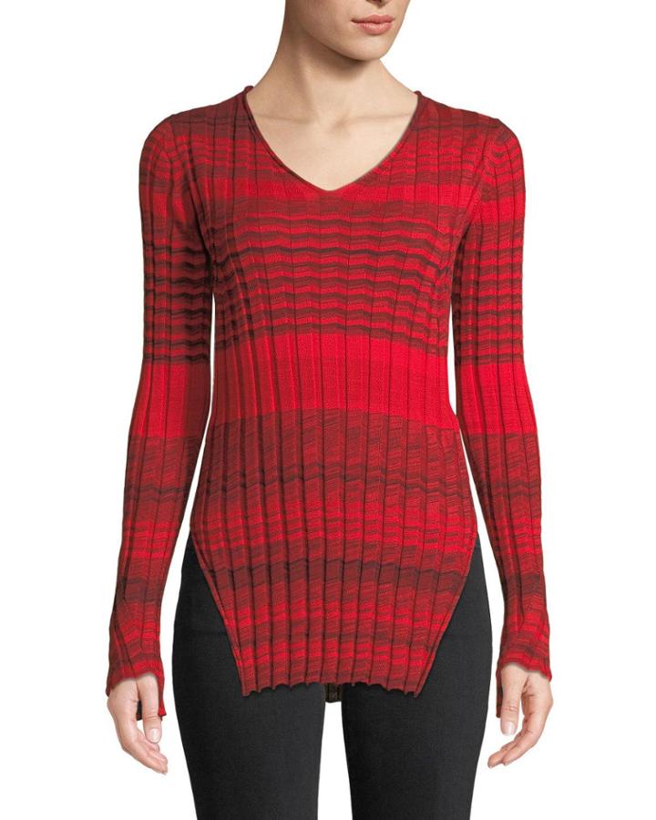 Striped Ribbed Merino Wool V-neck