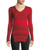 Striped Ribbed Merino Wool V-neck