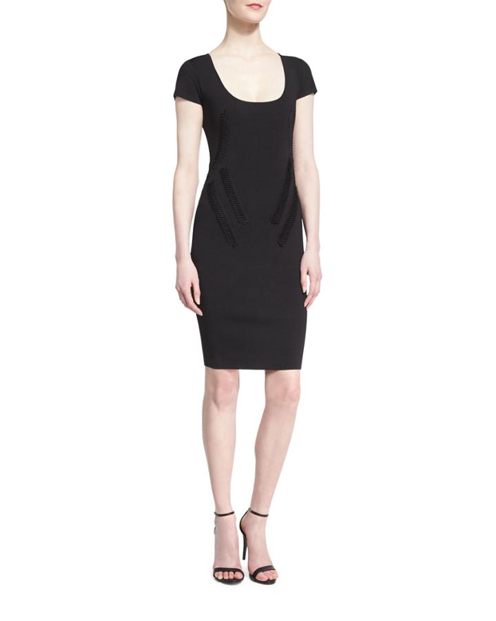 Cap-sleeve Dress With Tonal Piping, Black