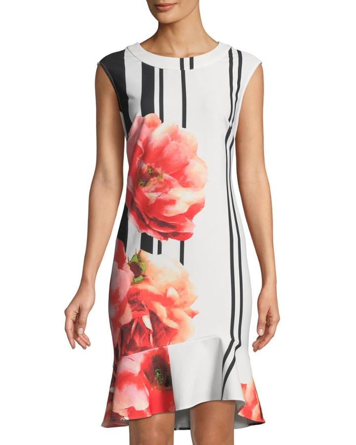 Cap-sleeve Floral Striped
